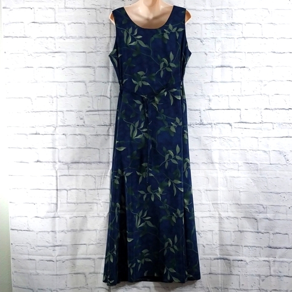 Maxi Dress David Alexander Ties in Back Blue w Leaf Design Sz L - Picture 3 of 5